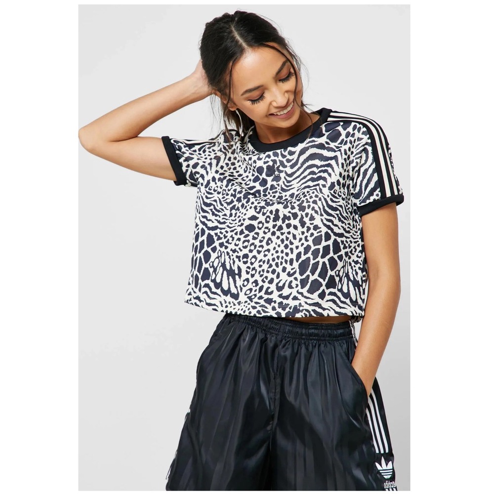 Adidas Originals Animal Print Cropped T Shirt‎ Women Size 4 Cheetah Zebra